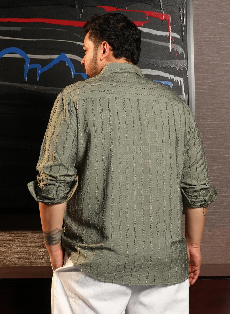 Instafab Plus  Instafab Plus Men's Sage Green Wicker-Tactile Shirt For Casual Wear | Spread Collar | Long Cuffed Sleeves | Button Closure | Plus Size Shirt Crafted With Comfort Fit For Everyday Wear for Men | Best Price UAE