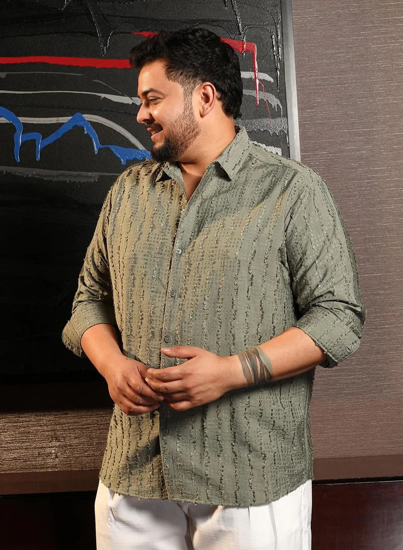 Instafab Plus  Instafab Plus Men's Sage Green Wicker-Tactile Shirt For Casual Wear | Spread Collar | Long Cuffed Sleeves | Button Closure | Plus Size Shirt Crafted With Comfort Fit For Everyday Wear for Men | Best Price UAE