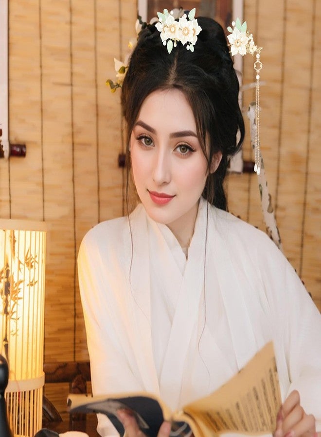 Amabro Chinese Hanfu Flower Hairpin Set, 5 PCS Floral Retro Chinese Tassel Headpiece Traditional Chinese Hanfu Brides Hair Accessories for Hairstyle Daily Wear Party Banquets Dating Weddings(Camellia) - Image 2