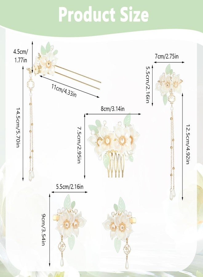 Amabro Chinese Hanfu Flower Hairpin Set, 5 PCS Floral Retro Chinese Tassel Headpiece Traditional Chinese Hanfu Brides Hair Accessories for Hairstyle Daily Wear Party Banquets Dating Weddings(Camellia) - Image 5