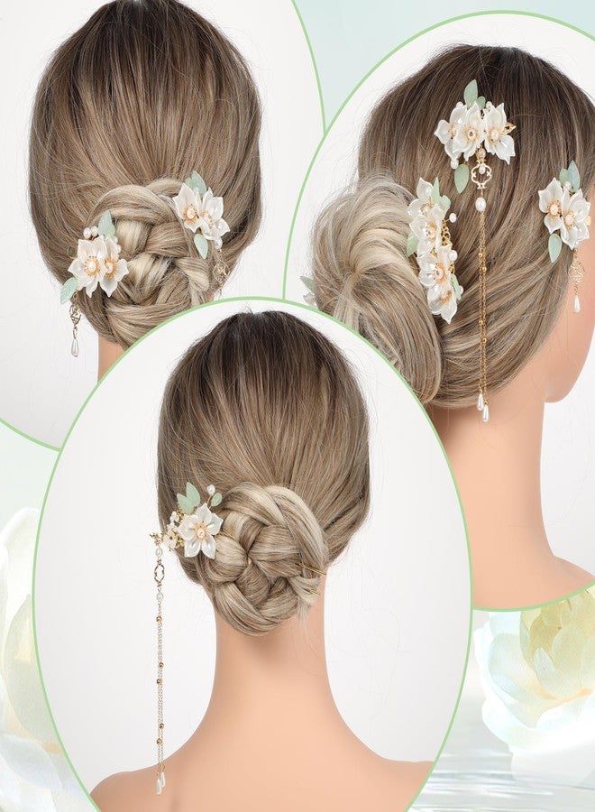 Amabro Chinese Hanfu Flower Hairpin Set, 5 PCS Floral Retro Chinese Tassel Headpiece Traditional Chinese Hanfu Brides Hair Accessories for Hairstyle Daily Wear Party Banquets Dating Weddings(Camellia) - Image 3