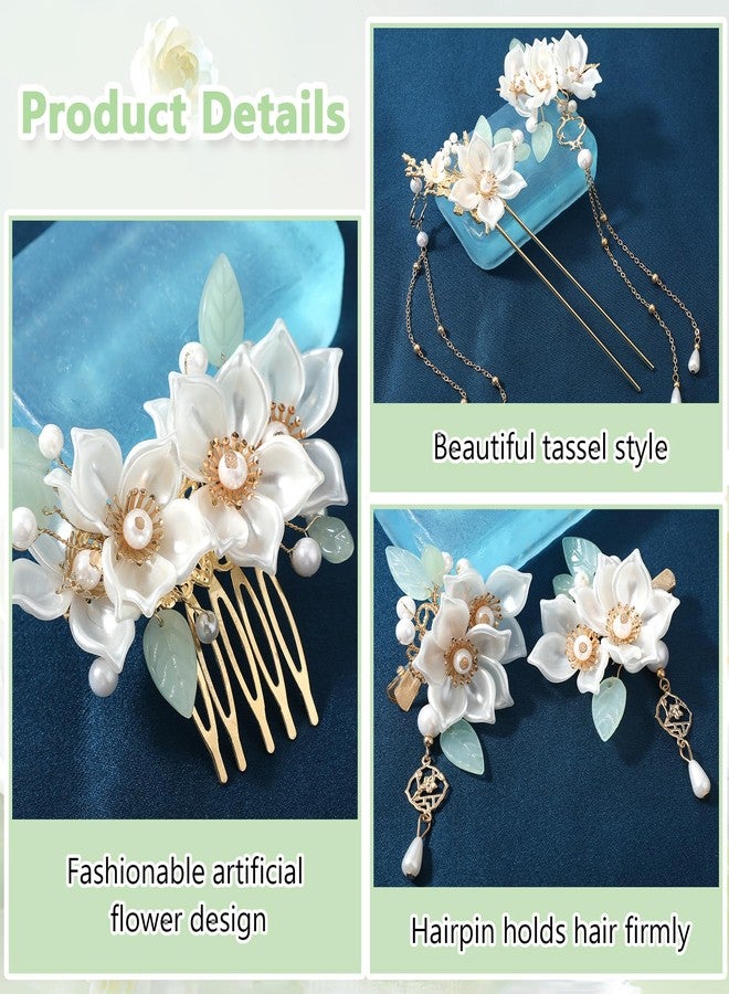 Amabro Chinese Hanfu Flower Hairpin Set, 5 PCS Floral Retro Chinese Tassel Headpiece Traditional Chinese Hanfu Brides Hair Accessories for Hairstyle Daily Wear Party Banquets Dating Weddings(Camellia) - Image 4