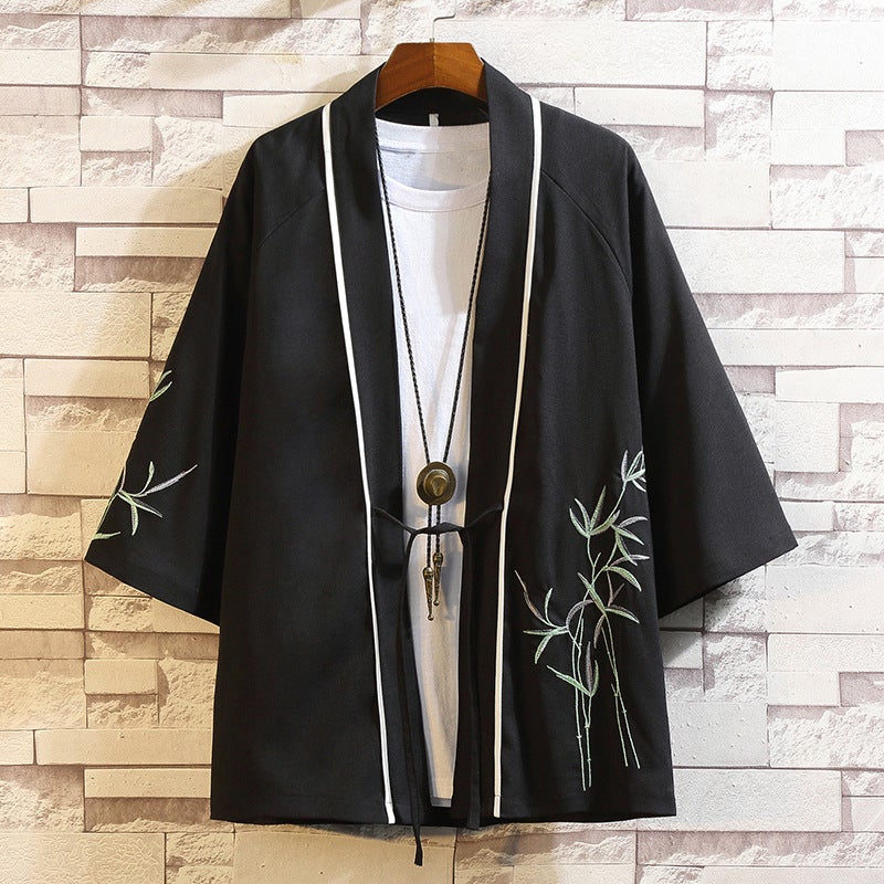 2024 Chinese Style Shirt Mens Loose Cardigan Robe Japanese Style Crane Embroidered Seven-Sleeve Hanfu Thin Coat 205 Black 