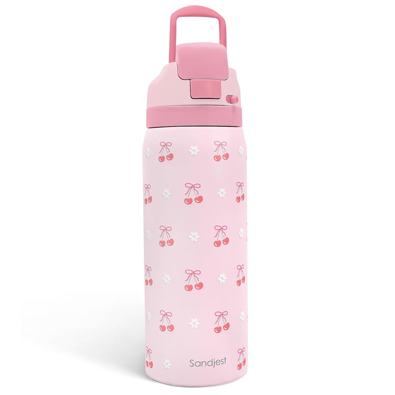 SANDJEST Cherry Insulated Stainless Steel Water Bottle with Straw for Sports and Travel, 32oz, Gifts for Women Girls Friends Teens Birthday Christmas - Image 1