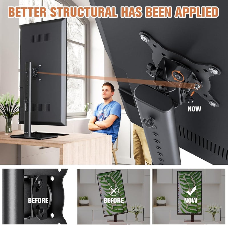 Hemudu Single Monitor Stand Freestanding 27-43 Inch Monitor Arm Curved Screen Monitor Mount Tempered Glass Base Adjustable Motion Tilt -15° to 10° Swivel ±45° Rotation 360° Weight Capacity 77lbs HT05B-003 - Image 2
