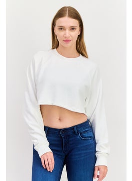 NIA Women Crew Neck Long Sleeves Solid Crop Sweatshirt, White  - Image 1
