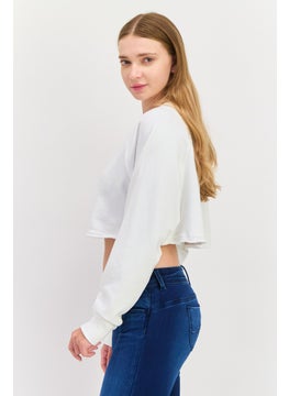 NIA Women Crew Neck Long Sleeves Solid Crop Sweatshirt, White  - Image 2