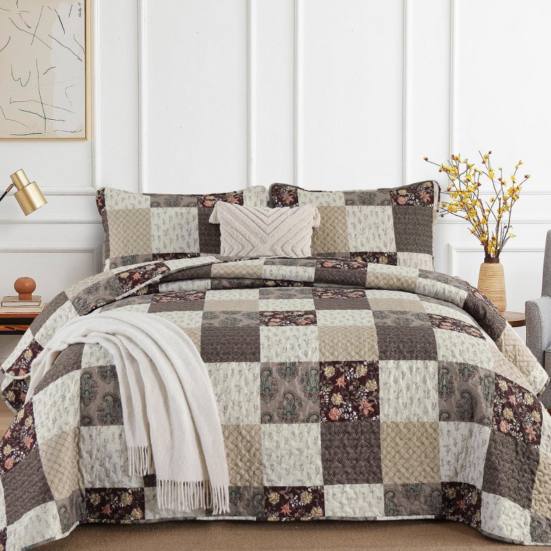 Xruibed Xruibed Floral Plaid Patchwork Quilt Set King Size 3 Pieces Taupe Beige Khaki Bedspread Set Reversible Quilt Bedding Set Microfiber Bedding Bedspread Coverlet Set for All Season(King 104""X90"")  - Image 1