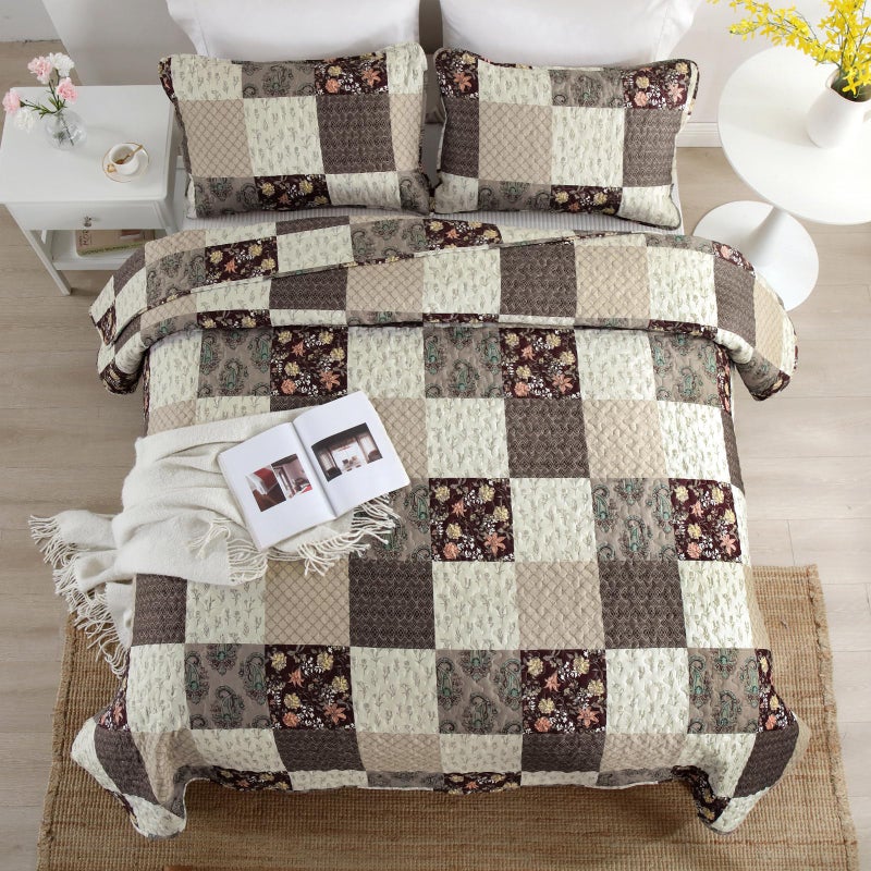 Xruibed Xruibed Floral Plaid Patchwork Quilt Set King Size 3 Pieces Taupe Beige Khaki Bedspread Set Reversible Quilt Bedding Set Microfiber Bedding Bedspread Coverlet Set for All Season(King 104""X90"")  - Image 3