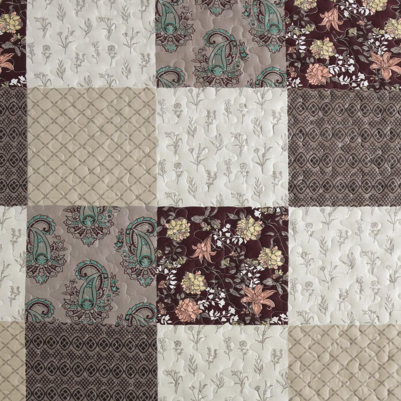 Xruibed Xruibed Floral Plaid Patchwork Quilt Set King Size 3 Pieces Taupe Beige Khaki Bedspread Set Reversible Quilt Bedding Set Microfiber Bedding Bedspread Coverlet Set for All Season(King 104""X90"")  - Image 5