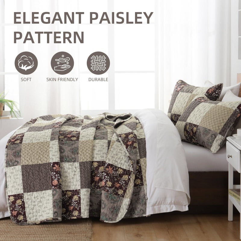 Xruibed Xruibed Floral Plaid Patchwork Quilt Set King Size 3 Pieces Taupe Beige Khaki Bedspread Set Reversible Quilt Bedding Set Microfiber Bedding Bedspread Coverlet Set for All Season(King 104""X90"")  - Image 4