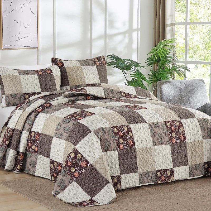 Xruibed Xruibed Floral Plaid Patchwork Quilt Set King Size 3 Pieces Taupe Beige Khaki Bedspread Set Reversible Quilt Bedding Set Microfiber Bedding Bedspread Coverlet Set for All Season(King 104""X90"")  - Image 2