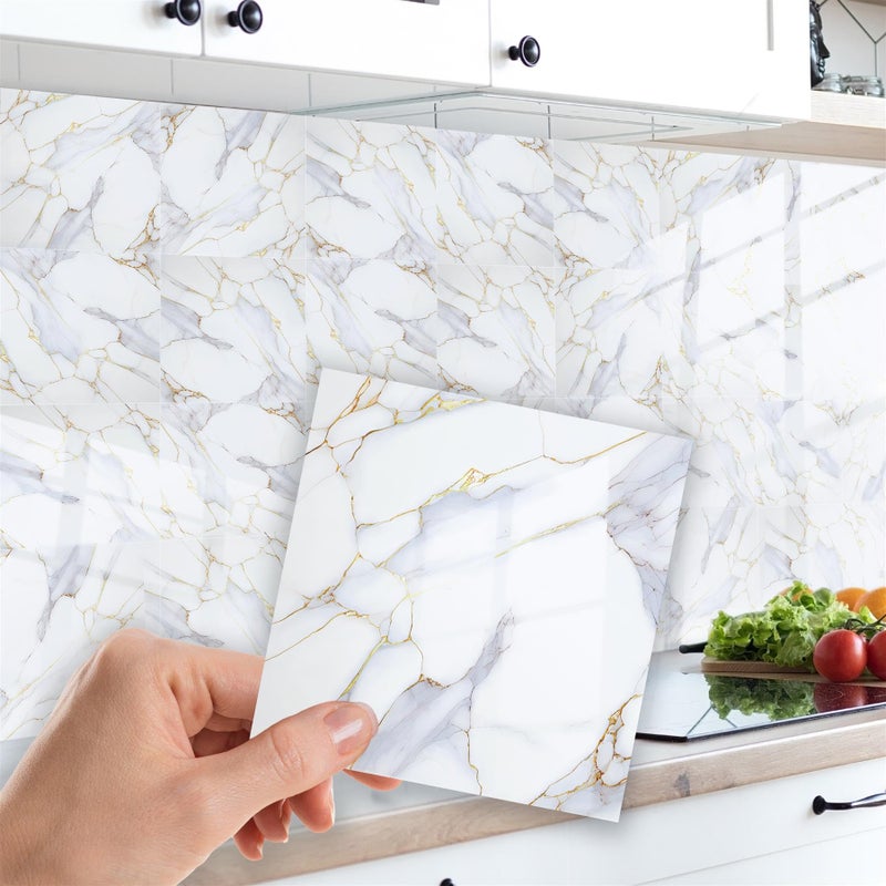 WALPLUS White Tile Stickers Self Adhesive Wall Tiles 15x15cm6 White Stick on Tiles Kitchen Removable Self Adhesive Tile for Walls Sticky Back Modern Kitchen Tile Stickers 24 Pieces