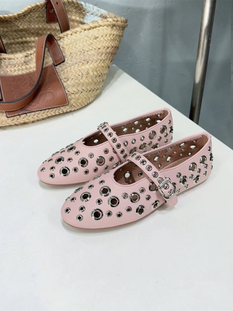 French Cut-Out Ballet Flats Mary Jane Womens Shoes Pink 