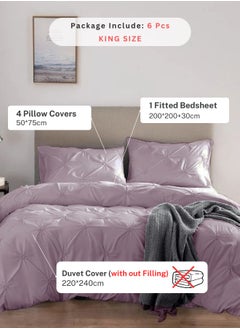 LUNA Home Premium 6 Piece King Size Duvet Cover Pinch Flower Design Solid Light Purple  - Image 2