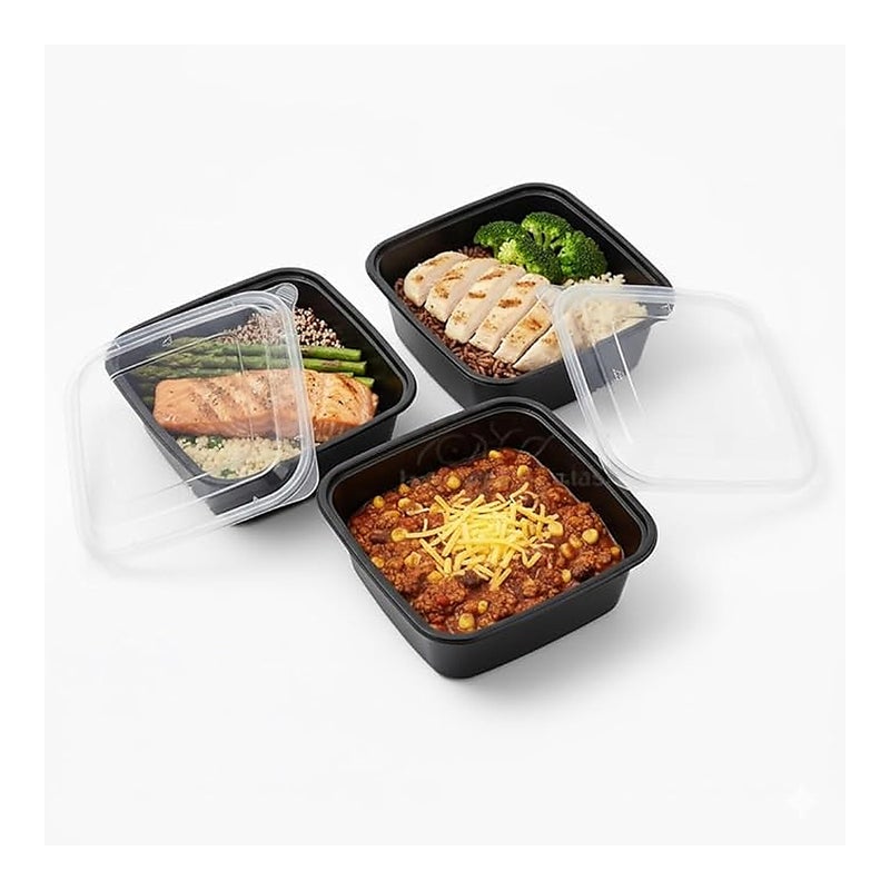 Meal Prep Containers Disposable 10 Pack, 750ml, Black Plastic with Clear Lids, Leakproof, Microwave, Freezer and Dishwasher Safe - Image 1