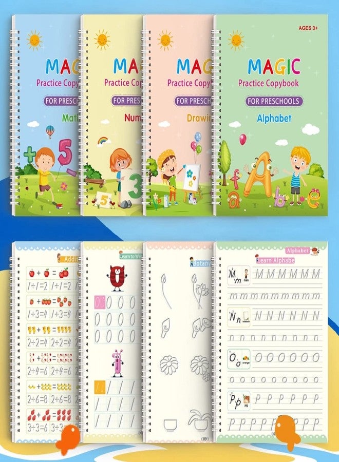 GLUN Reusable Magic Practice Notebook 4 Books Math, Drawing, Alphabet, Number, Pen with 10 Refills, Magic calligraphy books for kids - Image 1