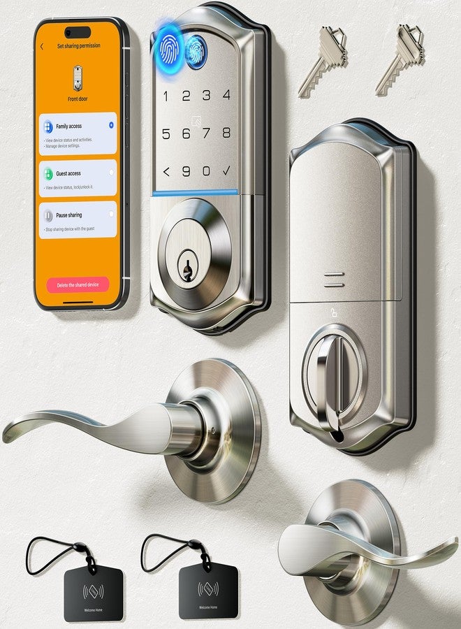 Veise VE017-L Fingerprint Smart Lock with 2 Lever Handles, Keyless Entry Front Door Lock Set, App Control, Electronic Digital Keypad Deadbolt, Easy Installation, Emergency Power Port, Satin Nickel