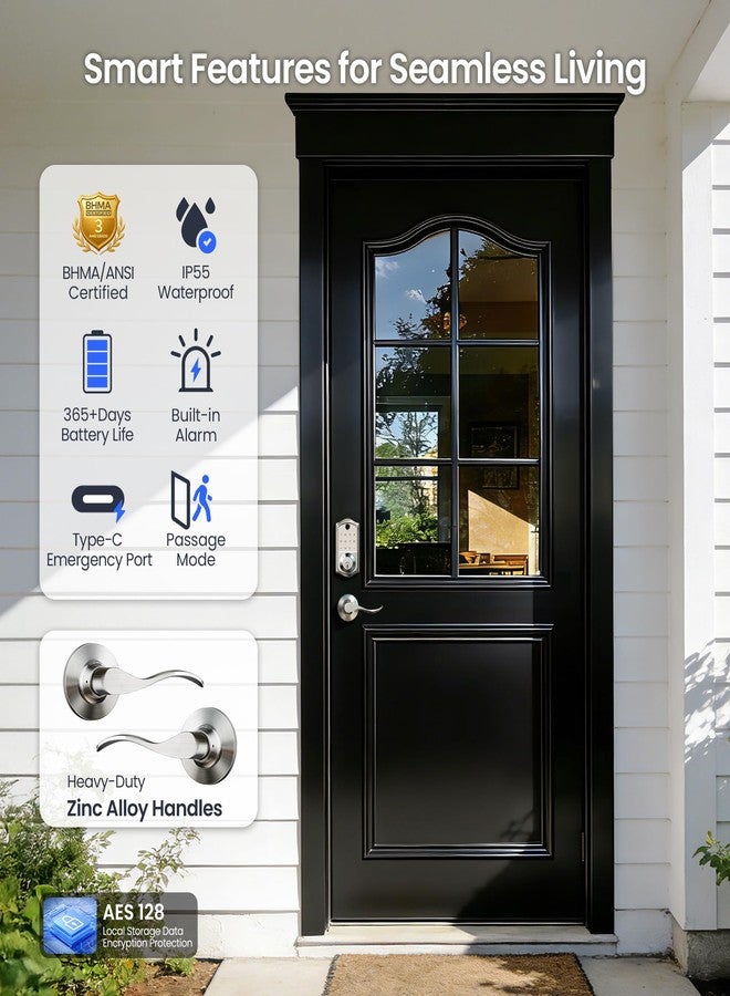 Veise VE017-L Fingerprint Smart Lock with 2 Lever Handles, Keyless Entry Front Door Lock Set, App Control, Electronic Digital Keypad Deadbolt, Easy Installation, Emergency Power Port, Satin Nickel - Image 5