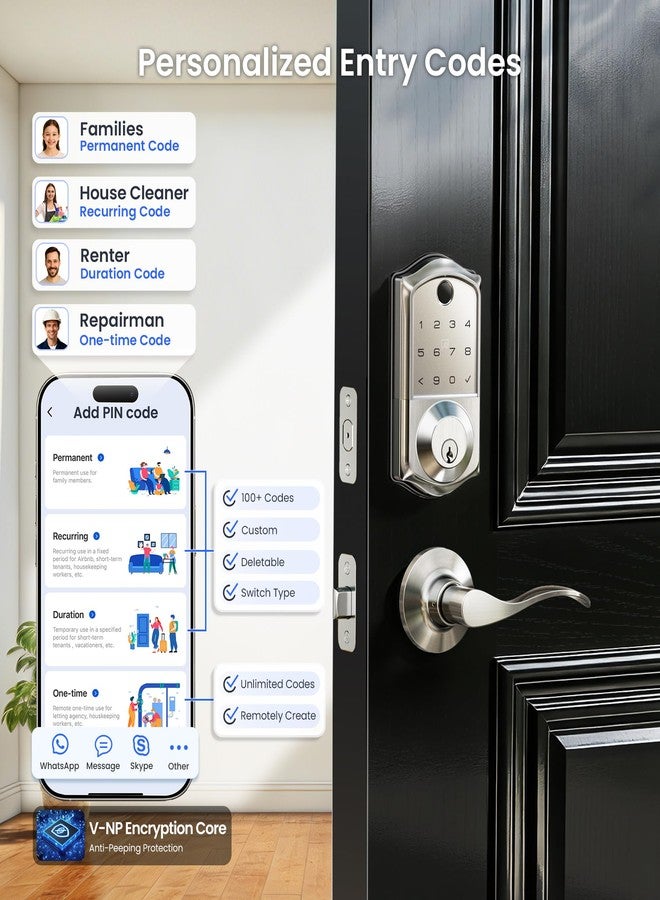 Veise VE017-L Fingerprint Smart Lock with 2 Lever Handles, Keyless Entry Front Door Lock Set, App Control, Electronic Digital Keypad Deadbolt, Easy Installation, Emergency Power Port, Satin Nickel - Image 3