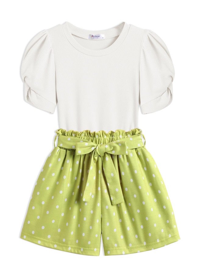 Arshiner ملابس صيفية للفتيات الصغيرات من أرشينر، قمصان ملونة سادة وقصيرة على شكل حقيبة ورقية، طقم من قطعتين باللون الأبيض، 2-3 سنوات - Image 1