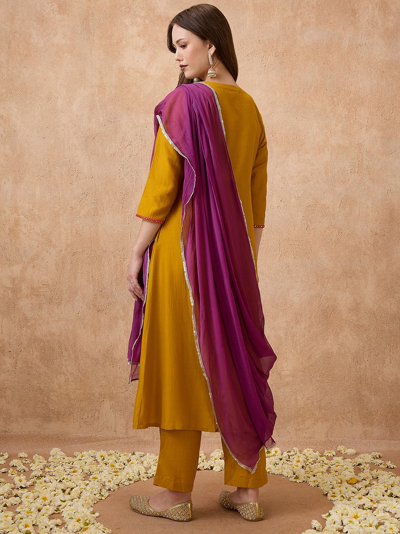 globus Globus Women Yellow Sequin Embroidered Yoke Gathered A-Line Kurta With Pant & Dupatta Festive set  - Image 3