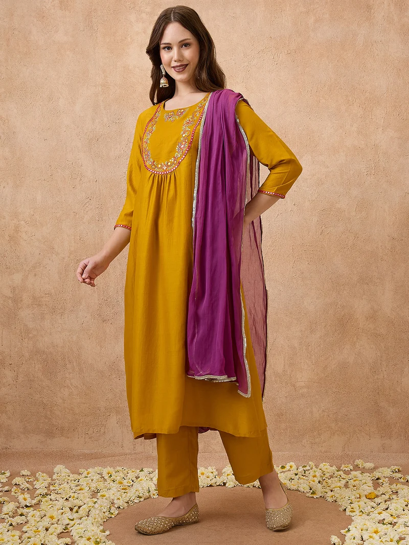 globus Women Yellow Sequin Embroidered Yoke Gathered A-Line Kurta With Pant & Dupatta Festive set