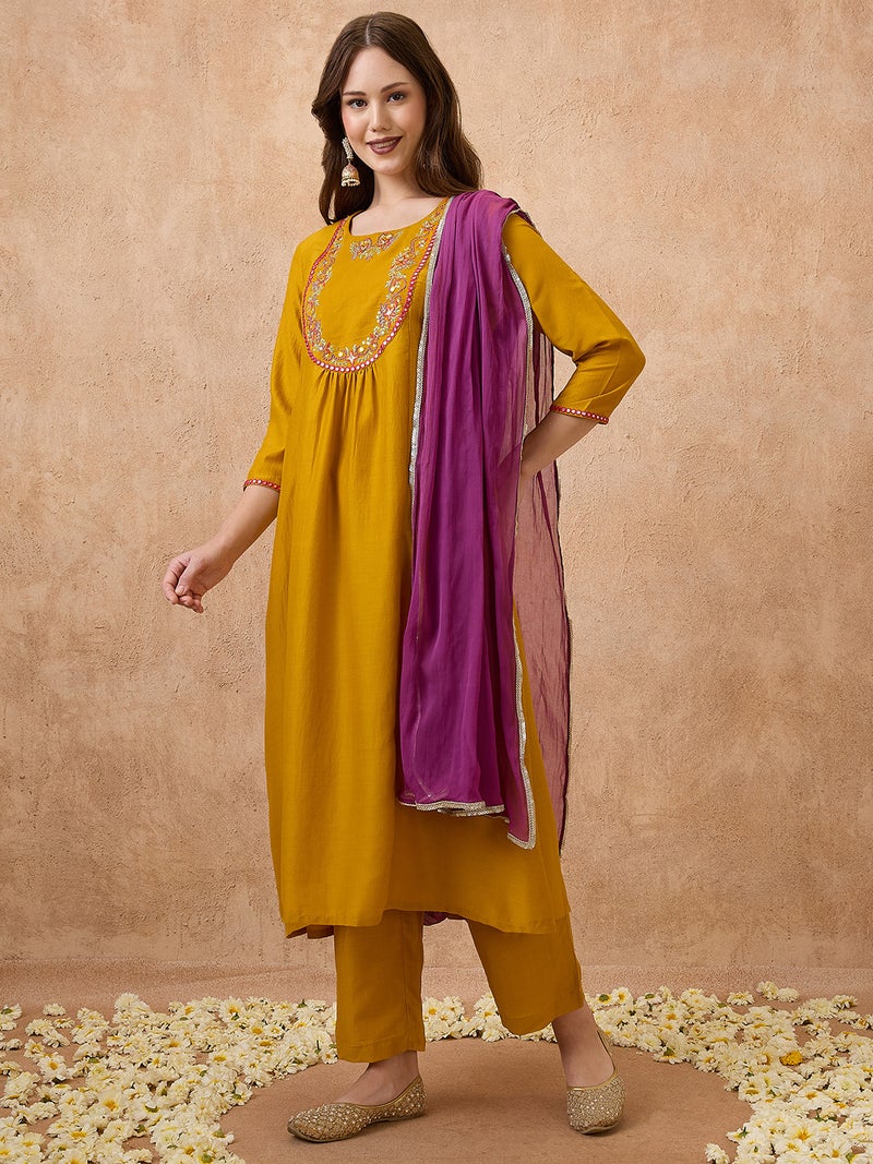 globus Globus Women Yellow Sequin Embroidered Yoke Gathered A-Line Kurta With Pant & Dupatta Festive set  - Image 2