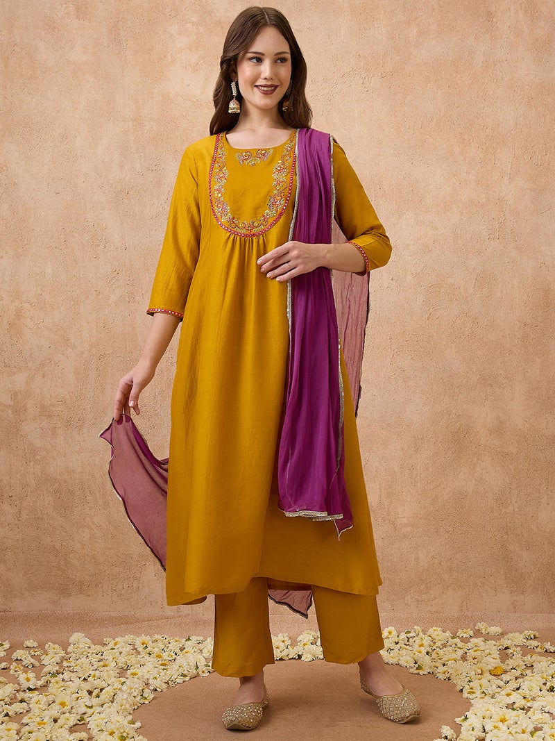 globus Globus Women Yellow Sequin Embroidered Yoke Gathered A-Line Kurta With Pant & Dupatta Festive set  - Image 1