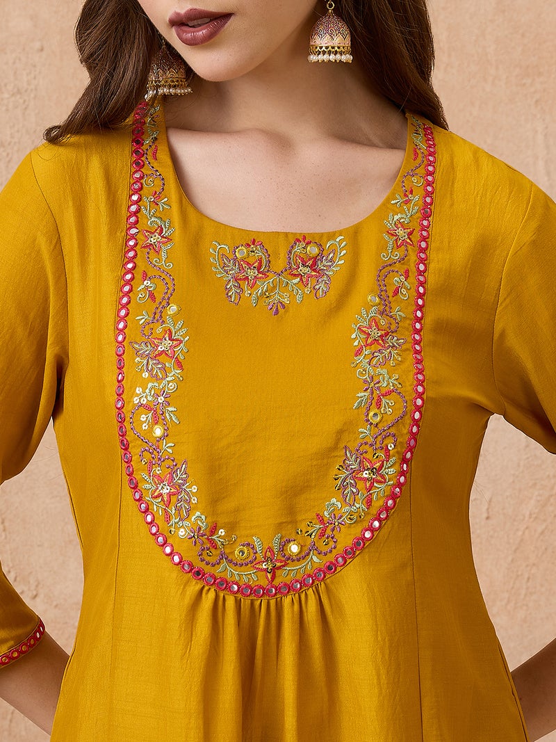 globus Globus Women Yellow Sequin Embroidered Yoke Gathered A-Line Kurta With Pant & Dupatta Festive set  - Image 4