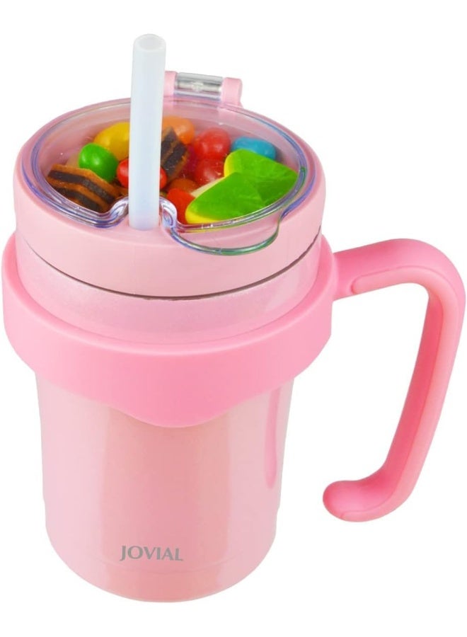 JOVIAL All In One Toddler Cup With Snack Container, Straw and Handle, Stainless Steel Insulated Kid Snack Cup With Straw, Work As a 12 Oz Coffee Mug/ Milk Cup to Keep Cold or Hot for Hours-Glitter Pink - Image 3