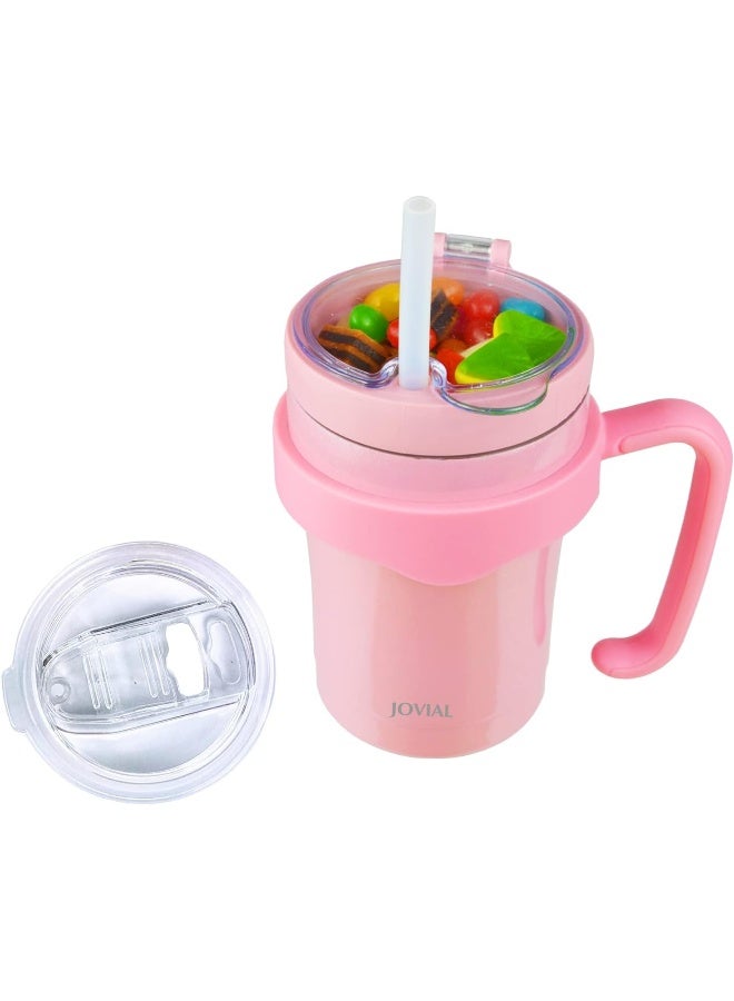 JOVIAL All In One Toddler Cup With Snack Container, Straw and Handle, Stainless Steel Insulated Kid Snack Cup With Straw, Work As a 12 Oz Coffee Mug/ Milk Cup to Keep Cold or Hot for Hours-Glitter Pink - Image 1
