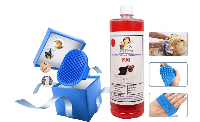 swacch Shampoo | Puppy Safe Shampoo | PH Balanced | Pug Dog Shampoo 1 Litre Strawberry + | Rubber Bath Brush with Adjustable Straps | Pet Massage | Soothing Bristles Hand Brush I Combo Pack - Image 2