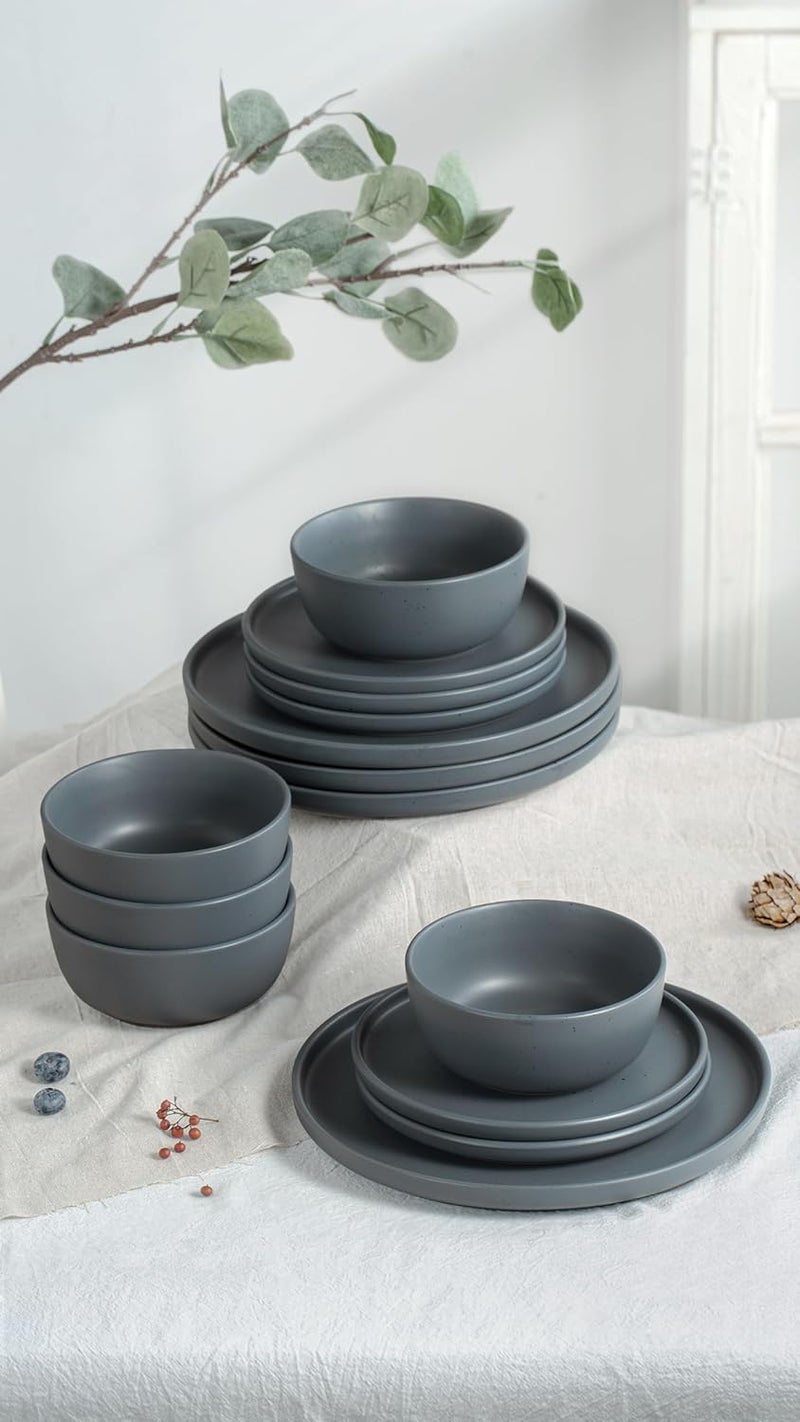 Famiware Dawn Plates and Bowls Sets 12 Pieces Stoneware Dinnerware Sets Dishes Set for 4 Microwave and Dishwasher Safe Charcoal - Image 4