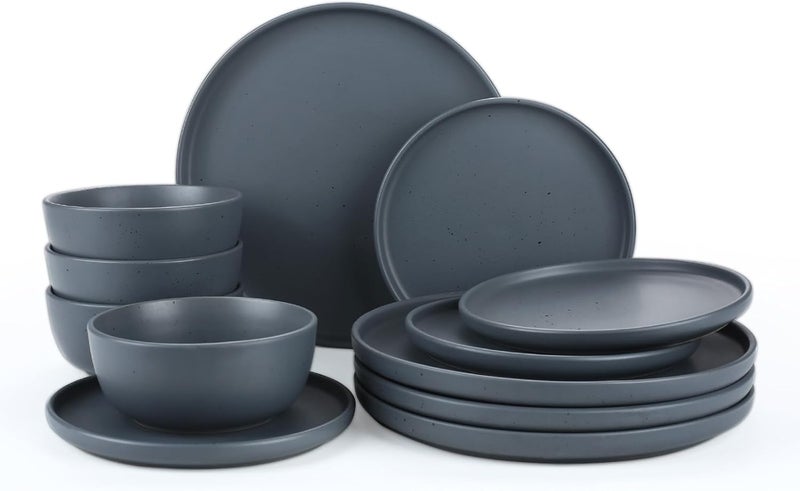 Famiware Dawn Plates and Bowls Sets 12 Pieces Stoneware Dinnerware Sets Dishes Set for 4 Microwave and Dishwasher Safe Charcoal - Image 1