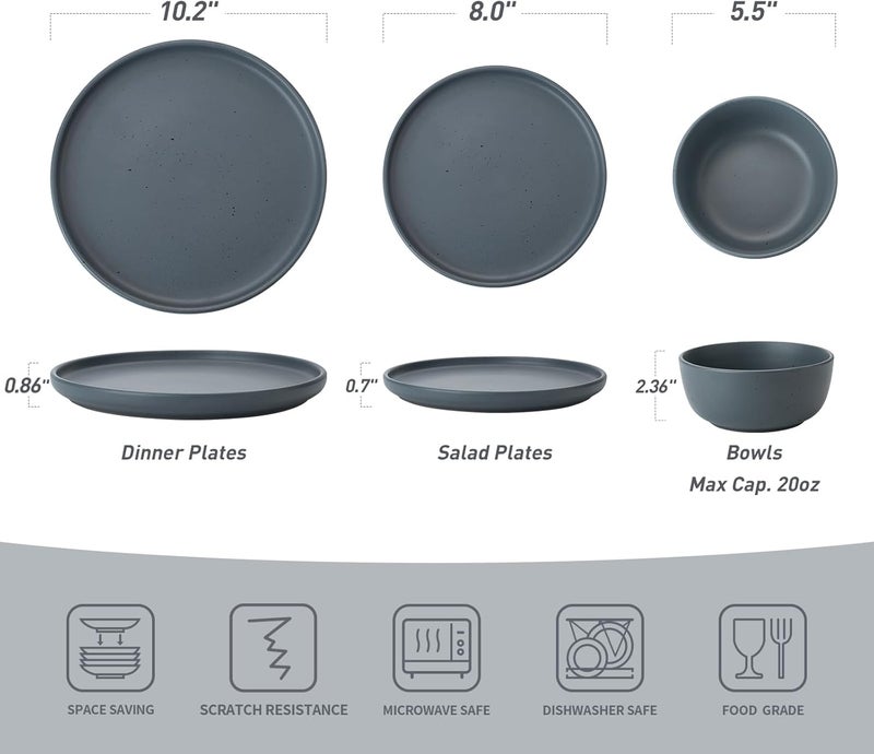 Famiware Dawn Plates and Bowls Sets 12 Pieces Stoneware Dinnerware Sets Dishes Set for 4 Microwave and Dishwasher Safe Charcoal - Image 2