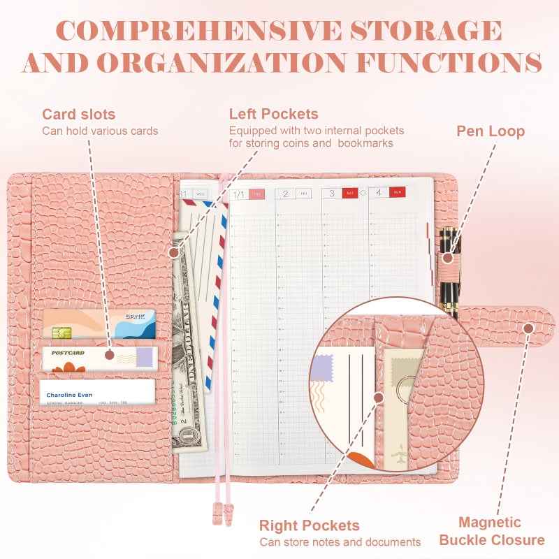 SKLENICE PU Leather Cover for A5 Notebooks Pink Planner Cover Compatible with Hobonichi Cousin Stalogy and MD A5 Journal Cover with Pen Loop Pockets for Refillable Notebook Planner - Image 4