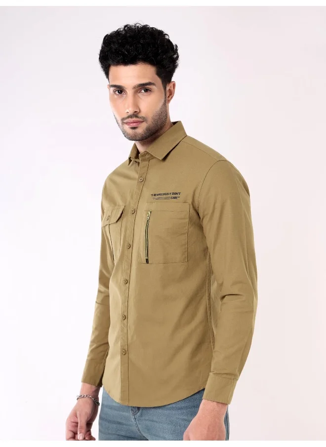 Beyoung Sand Brown Solid Urban Shirt for Men