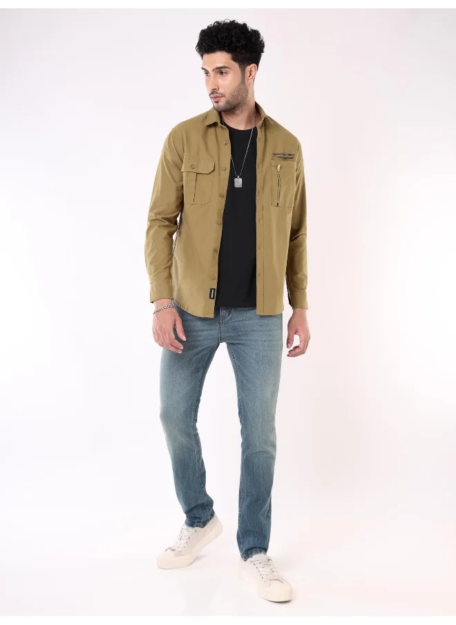 Beyoung Sand Brown Solid Urban Shirt for Men