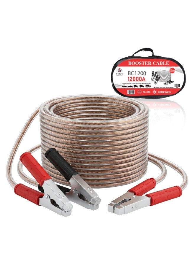 Toby's Toby’s BC-1200 Heavy Duty Car Booster Jumper Cable 12000AMP, 3M Length, 0.3mm × 282PCS Copper Wire, Strong Crocodile Clamps with Storage Bag - Image 1
