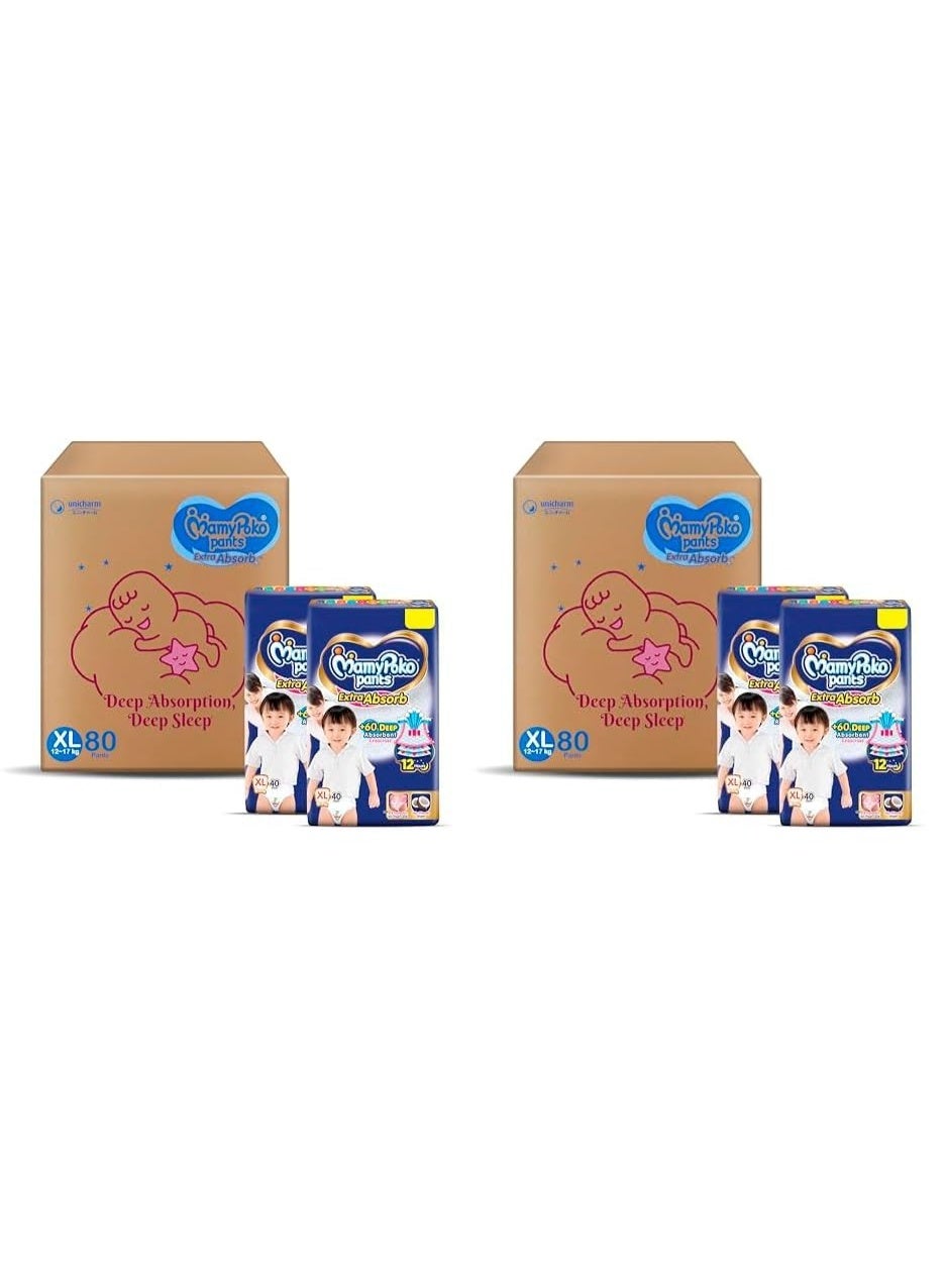 MamyPoko Pants Extra Absorb Baby Diapers, X-Large (XL), 80 Count, 12-17 kg (Pack of 2)