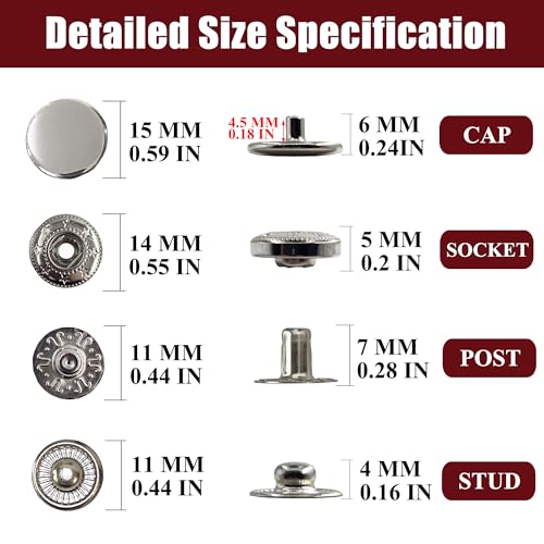 Raydodo 12 Sets Heavy Duty Leather Snap Fasteners Kit, 15mm Metal Snap Buttons Kit Press Studs Leather Rivets and Snaps for Clothing, Leather, Jeans, Jackets, Bracelets, Bags (Silver) - Image 2