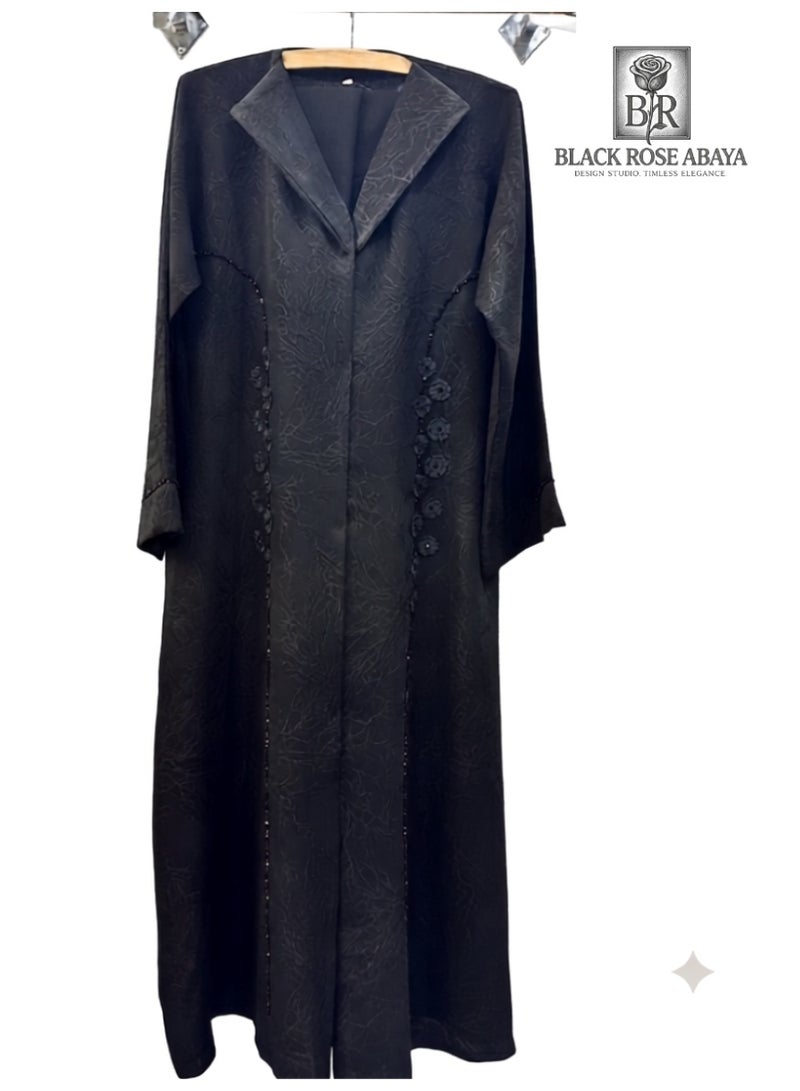 Black Rose Abaya Coat Style with Lapel Collar - Black - Image 1