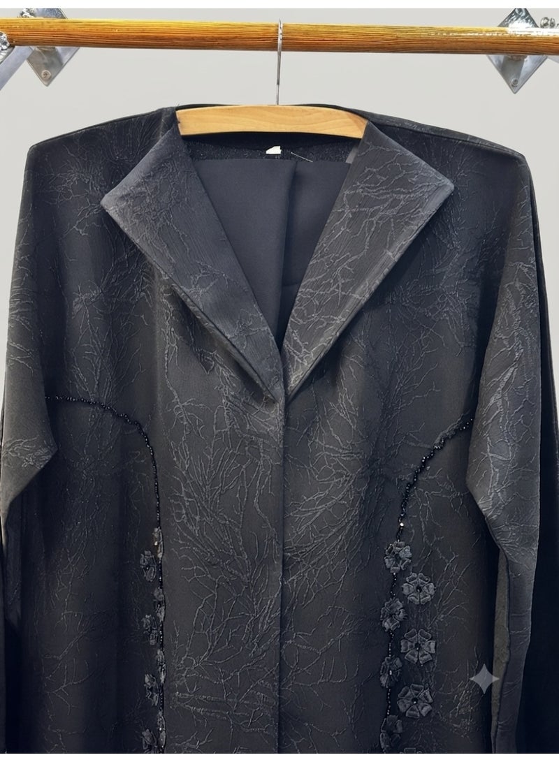 Black Rose Abaya Coat Style with Lapel Collar - Black - Image 2