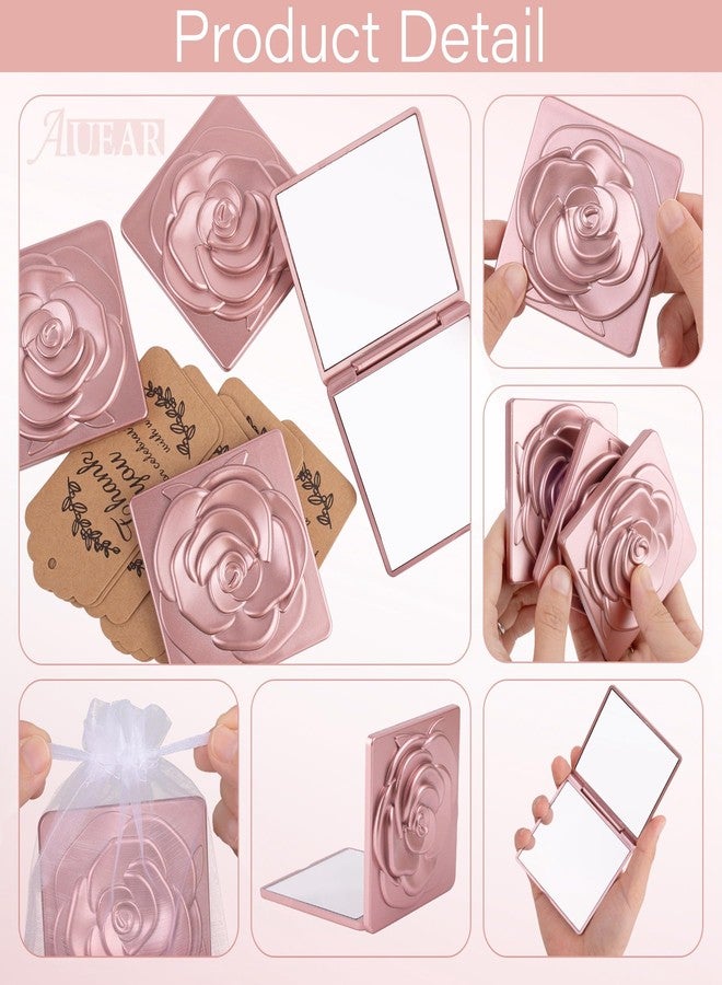 AUEAR, 30 Sets Flower Rose Shape Compact Mirror Set with Thank You Tag and Organza Bag for Bridal Shower Wedding Travel Gold - Image 3