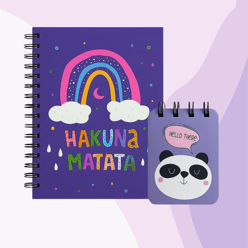 Articious Hakuna Matata & Panda Notebooks Combo (Set of 2) | Spiral Bound Journals | A5 + Pocket Size | Cute Motivational Designs | Ruled Pages for School, Office & Personal Writing - Image 1