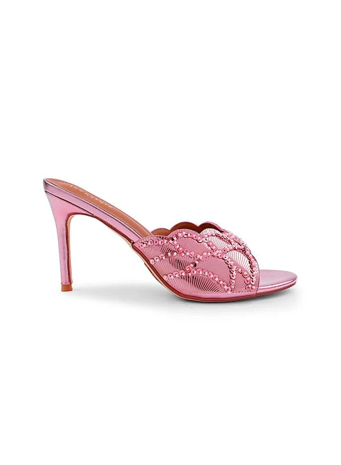 أيقون Ce Soir open toe, textured sequin-embellished scalloped strap, slingback strap, backless, high stiletto heel, metallic finish