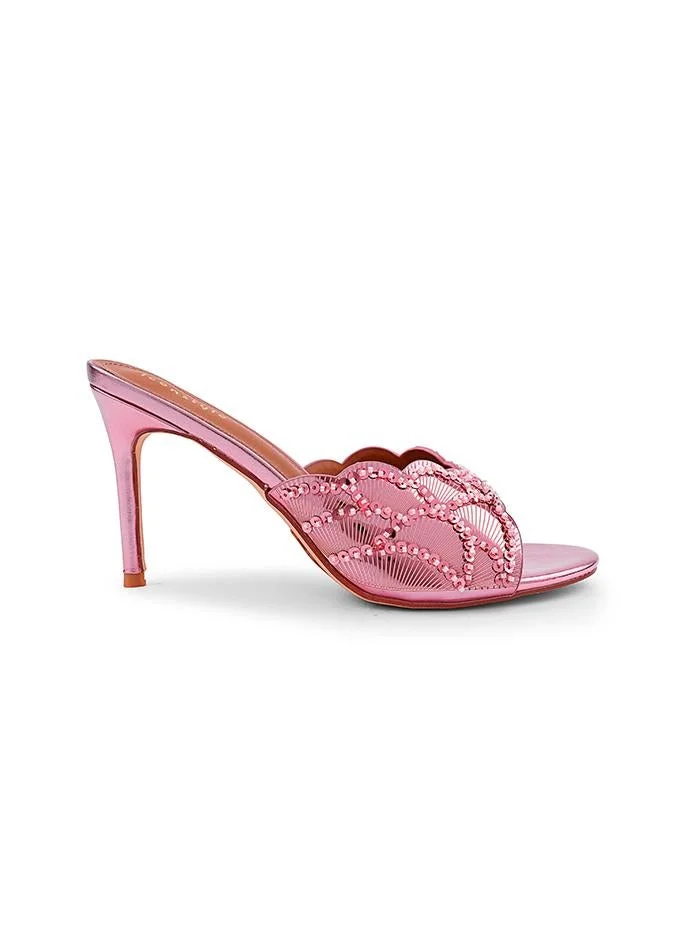 أيقون Ce Soir open toe, textured sequin-embellished scalloped strap, slingback strap, backless, high stiletto heel, metallic finish