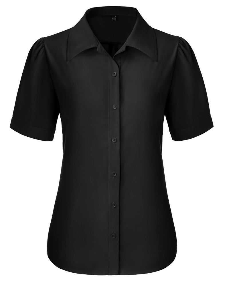 Gleeivy Button Down Shirts for Women Button Up Dress Shirts Puff Short Sleeve Collared Fitted Blouse Work Business Top Black M - Image 1