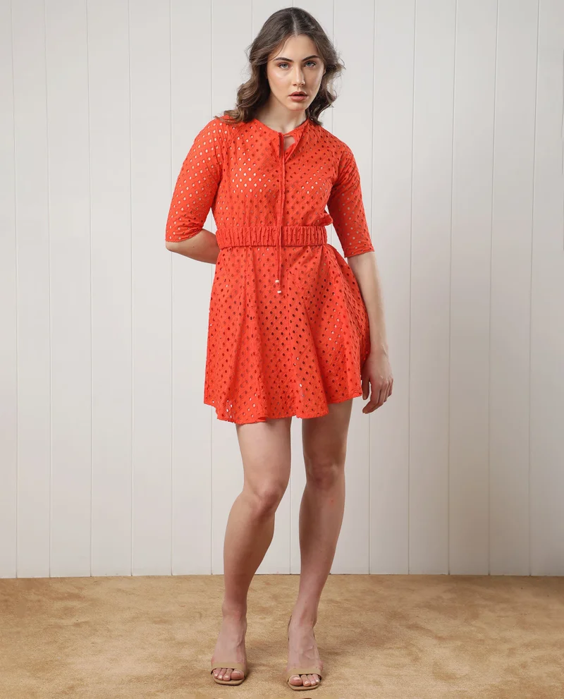 Rareism Women's Embroidered Fit And Flare Dress With Unique Details